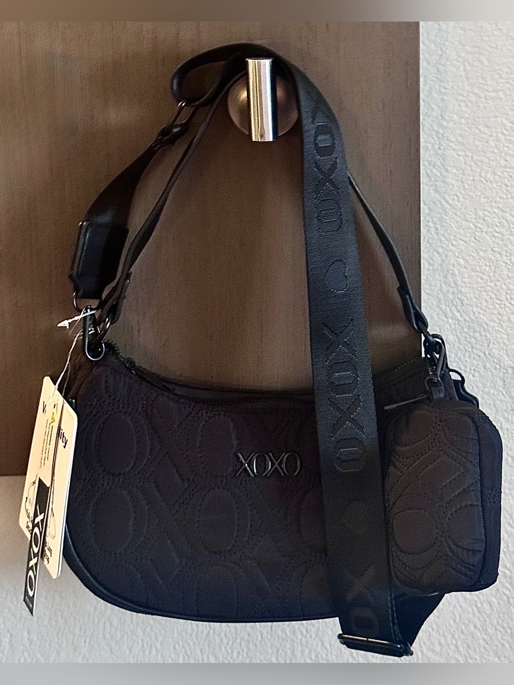 NWT - XOXO “Quilted Crescent Crossbody Shoulder Bag” w/Detachable Pouch (Black)